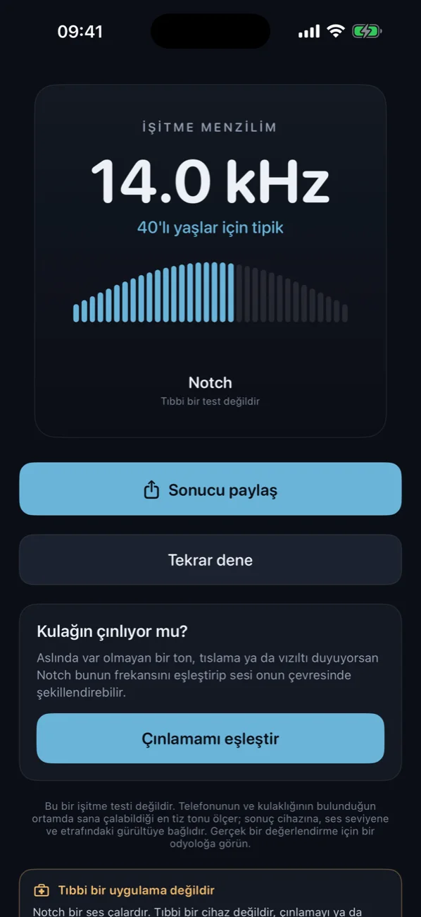 Menzil kontrolü sonucu, 14,0 kHz, paylaş düğmesiyle
