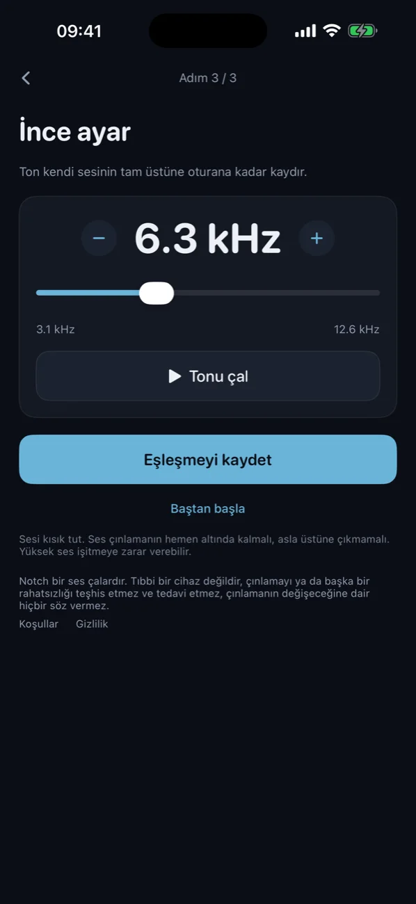 Frekans eşleştirme, 6,3 kHz'de artı eksi düğmeli ince ayar adımı