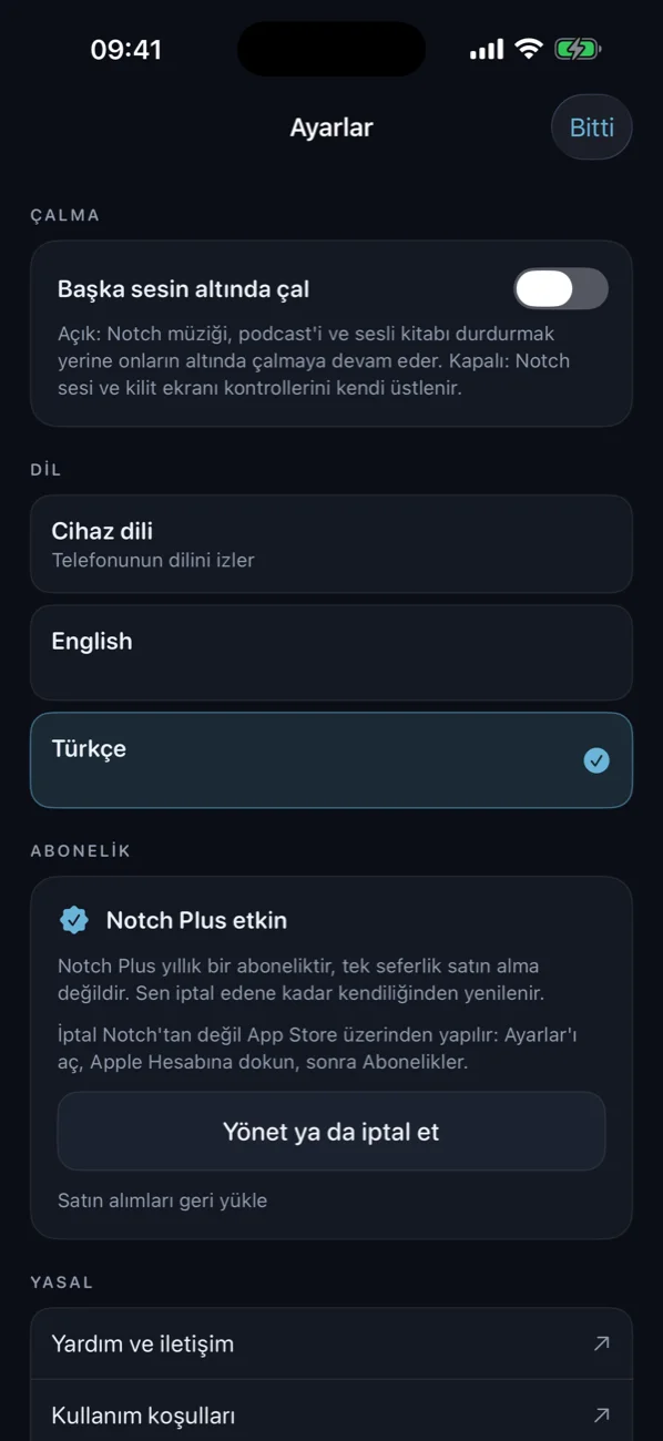 Dil seçimi, abonelik durumu ve yasal bağlantılarla Ayarlar