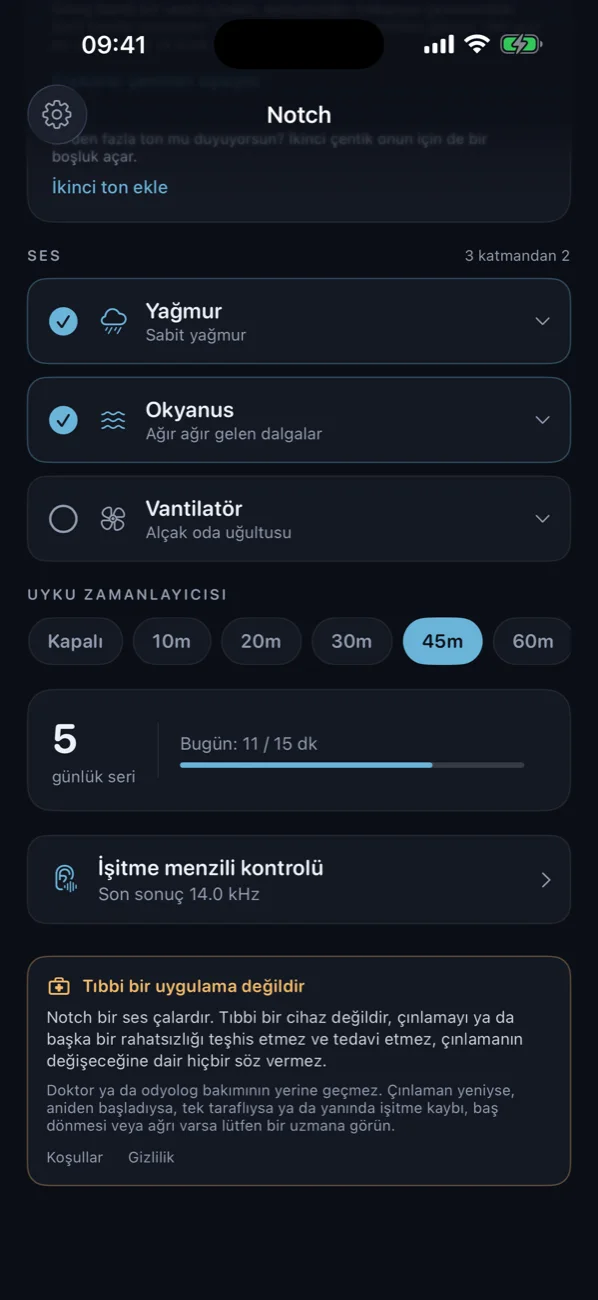 Yağmur ve okyanusun üst üste çaldığı ses listesi, zamanlayıcı ve gün serisi