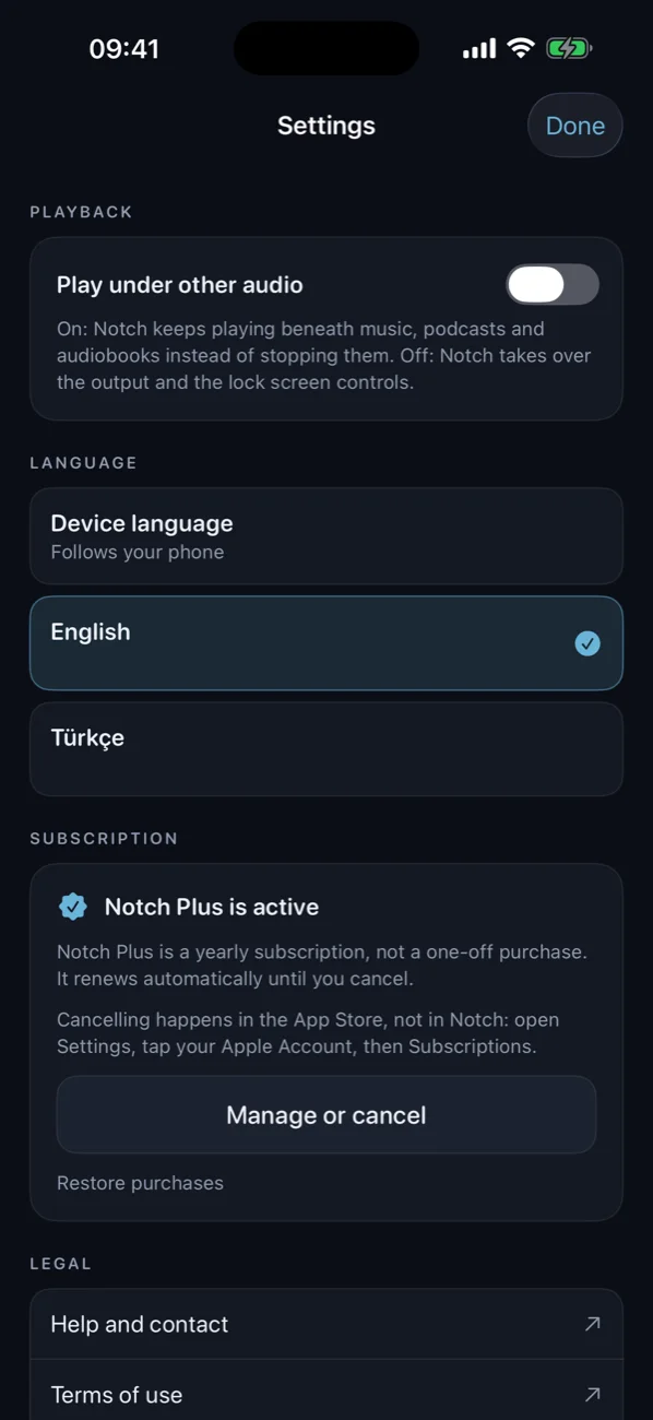 Settings with language choice, subscription status and legal links