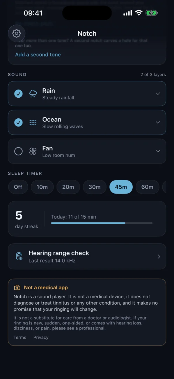 Sound list with rain and ocean layered, sleep timer presets and day streak