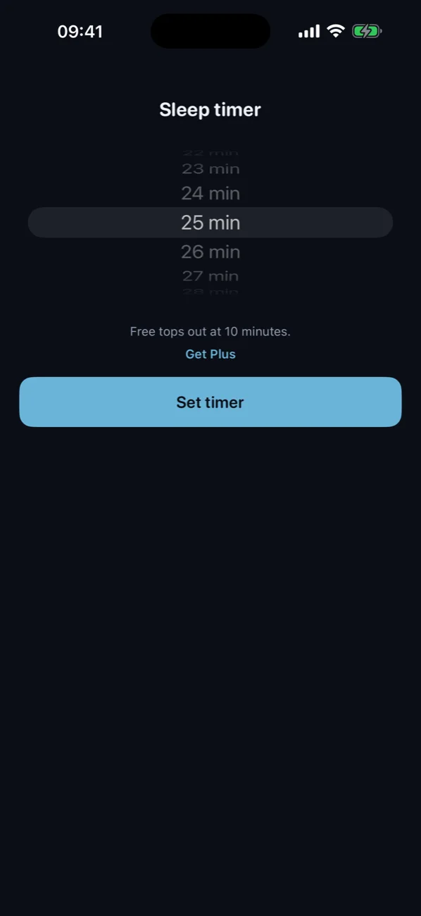 Sleep timer picker set to 25 minutes