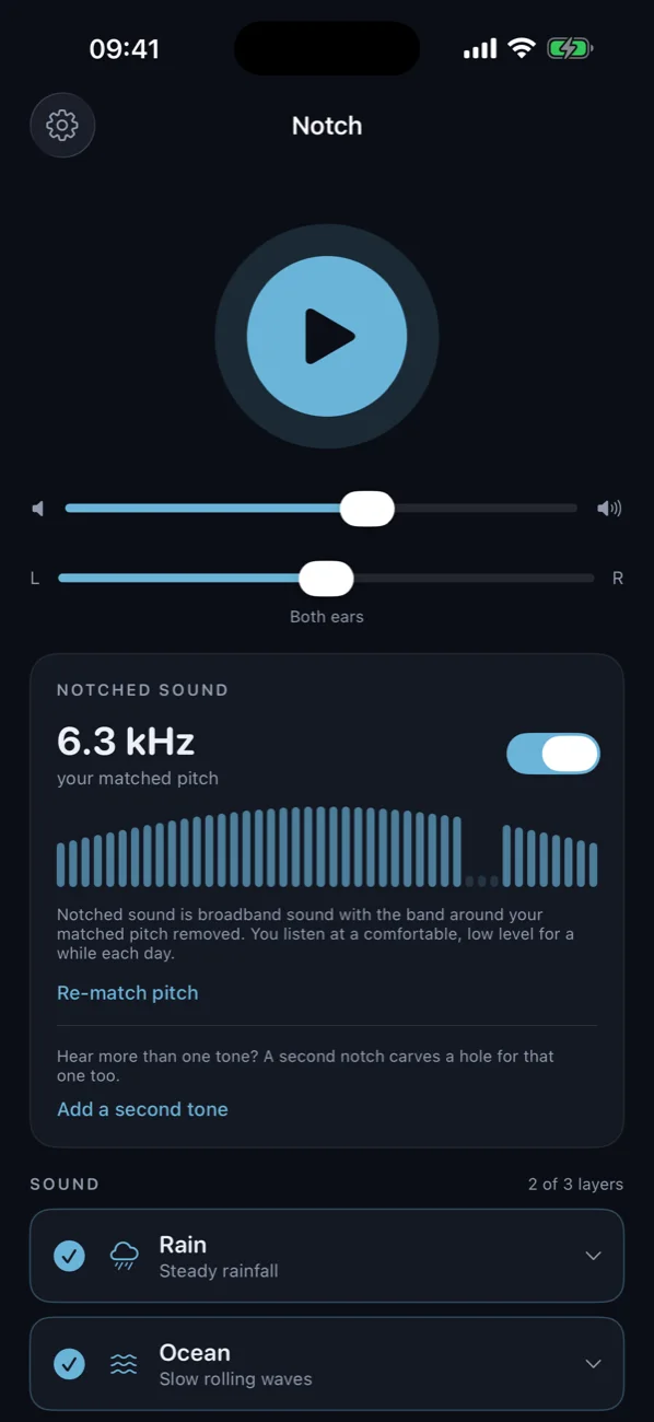 Notch player: matched pitch 6.3 kHz, frequency gap on, rain and ocean layered, ear balance slider